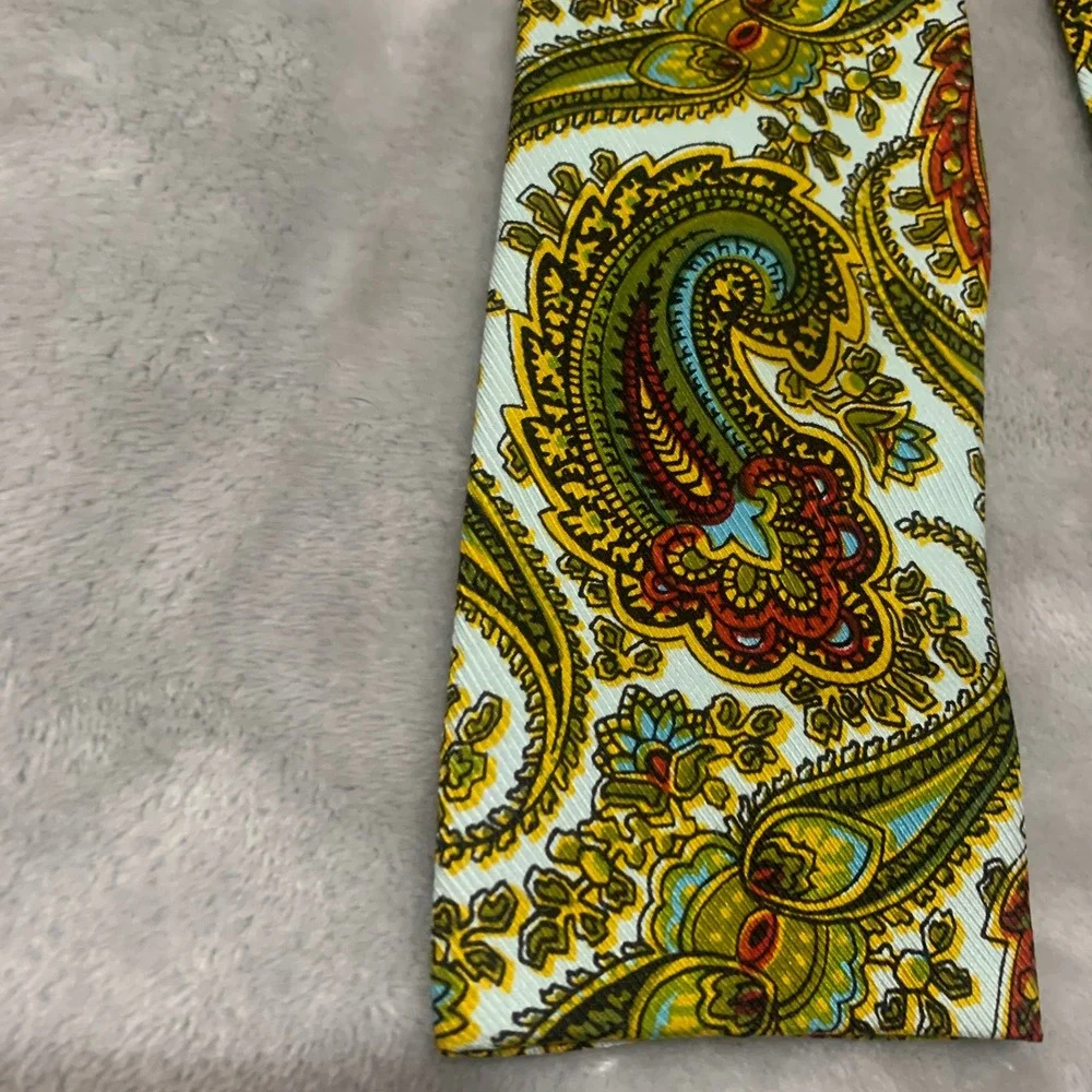 Vtg Rooster‎ John Wanamaker Paisley Neck Tie Green Gold Hand Printed Square End